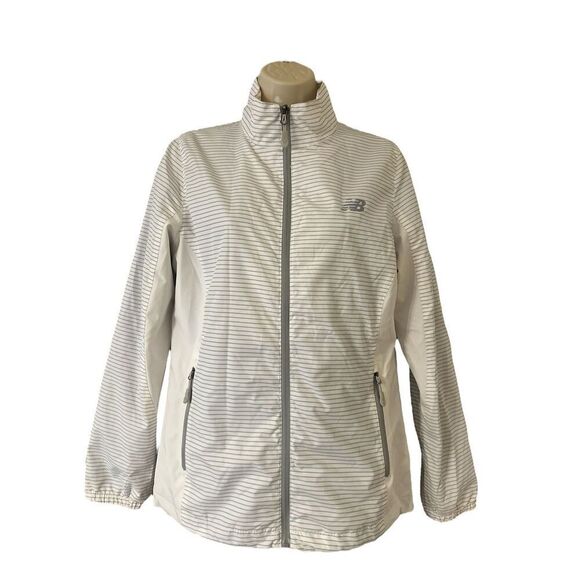 New Balance Women’s Gray White Striped Windbreaker Jacket Full Zip Size Small - Picture 1 of 11